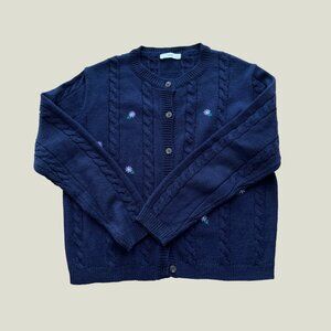 Navy Cable Knit Cardigan with Embroidered Flowers